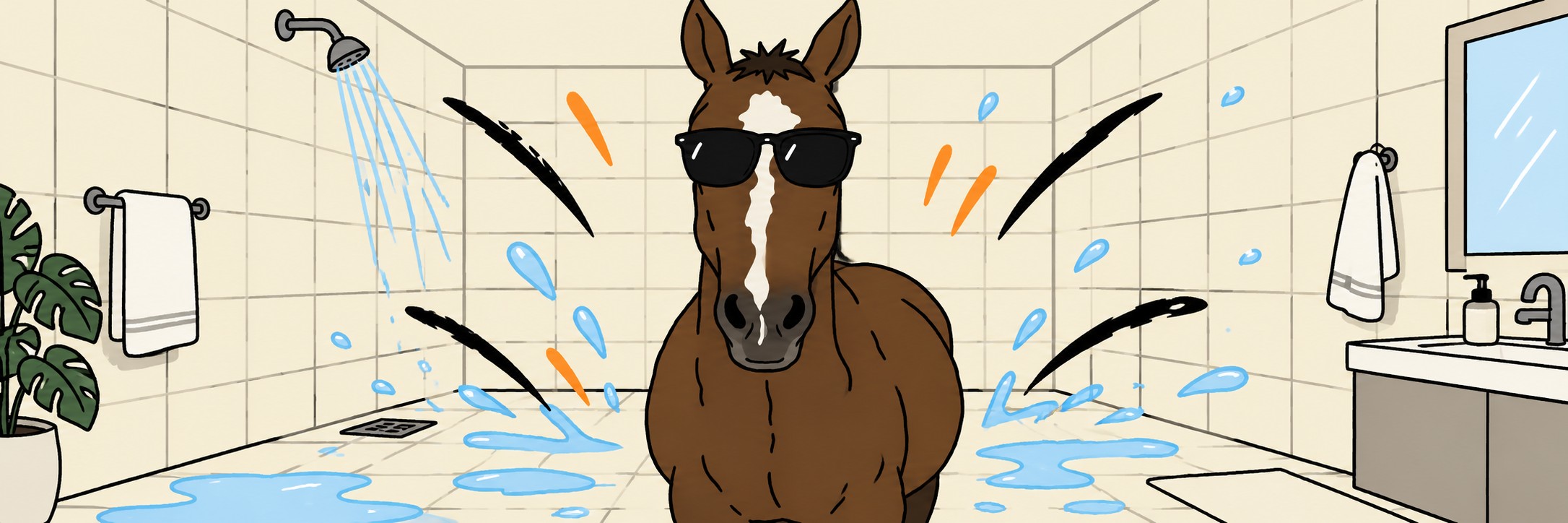 STALLION the horse in sunglasses in a splashing bathroom