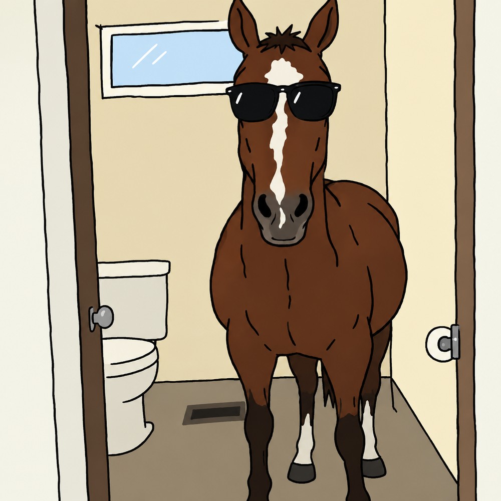 A brown horse with a white blaze wearing black sunglasses, standing in a bathroom doorway next to a toilet