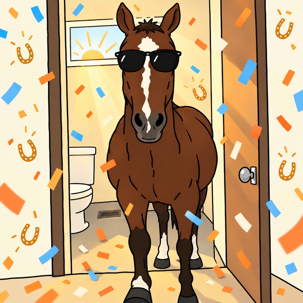 STALLION walking out of the bathroom through confetti